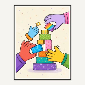 Hands building tower icon print on cream