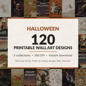 Halloween printable wall art mega bundle with 120 spooky art prints including ghosts, pumpkins and vintage Halloween posters