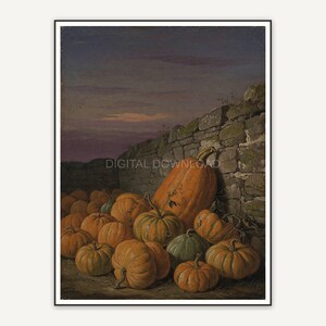Vintage oil painting of orange pumpkins by stone wall at dusk