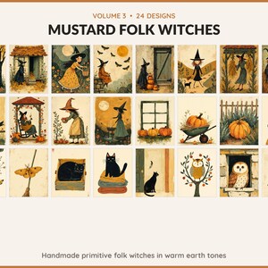 Volume 3 Mustard Folk Witches: 24 printable Halloween art designs, handmade primitive folk witches in warm earth tones