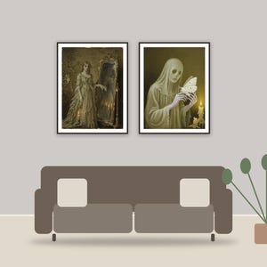halloween decor and spooky season wall art printable art framed above a sofa in a styled living room