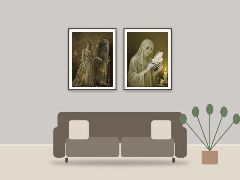 halloween decor and spooky season wall art printable art framed above a sofa in a styled living room