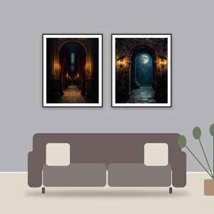 Candlelit Archways printable art framed above a sofa in a styled living room
