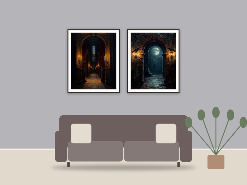 Candlelit Archways printable art framed above a sofa in a styled living room