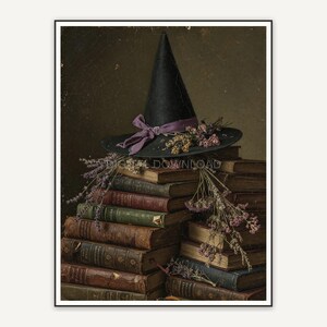 Vintage oil painting of stacked books with a witch hat