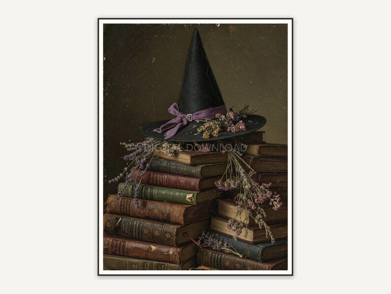 Vintage oil painting of stacked books with a witch hat