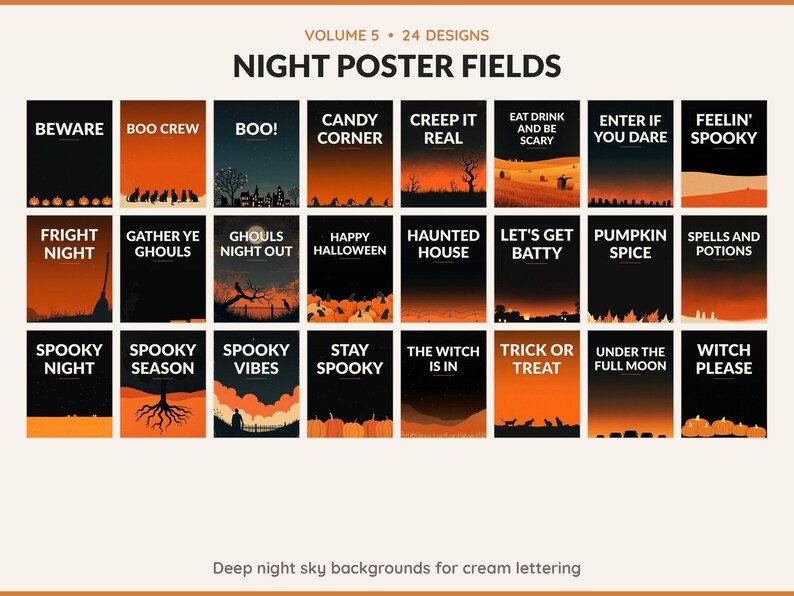 Volume 5 Night Poster Fields: 24 printable Halloween art designs, deep night sky backgrounds for cream lettering