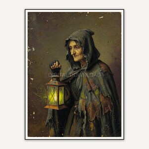 Vintage oil painting of a witch holding a lantern