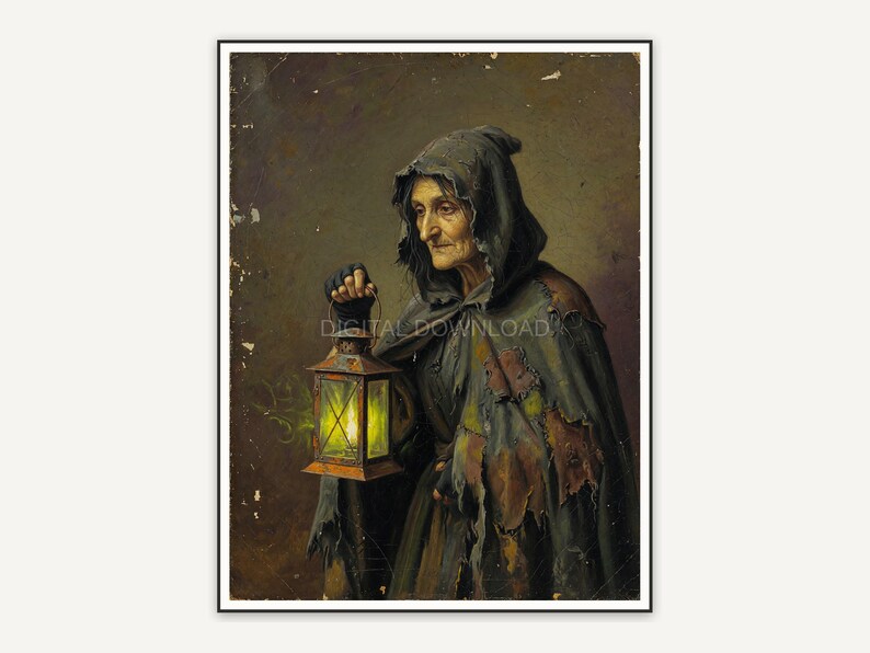 Vintage oil painting of a witch holding a lantern