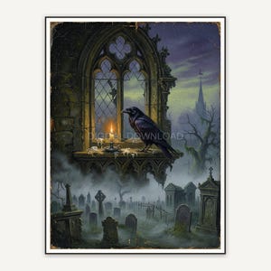 Raven on gothic windowsill overlooking misty graveyard