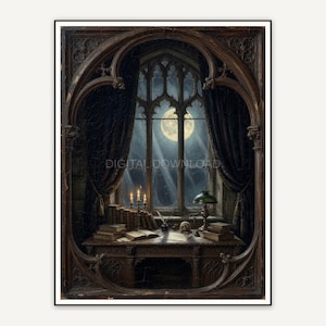 Full moon through arched library windows