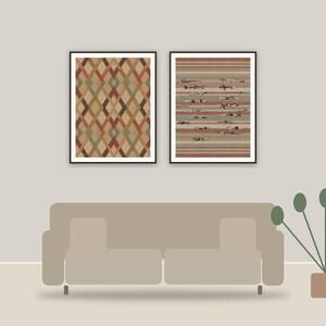 geometric textile weaves printable art framed above a sofa in a styled living room