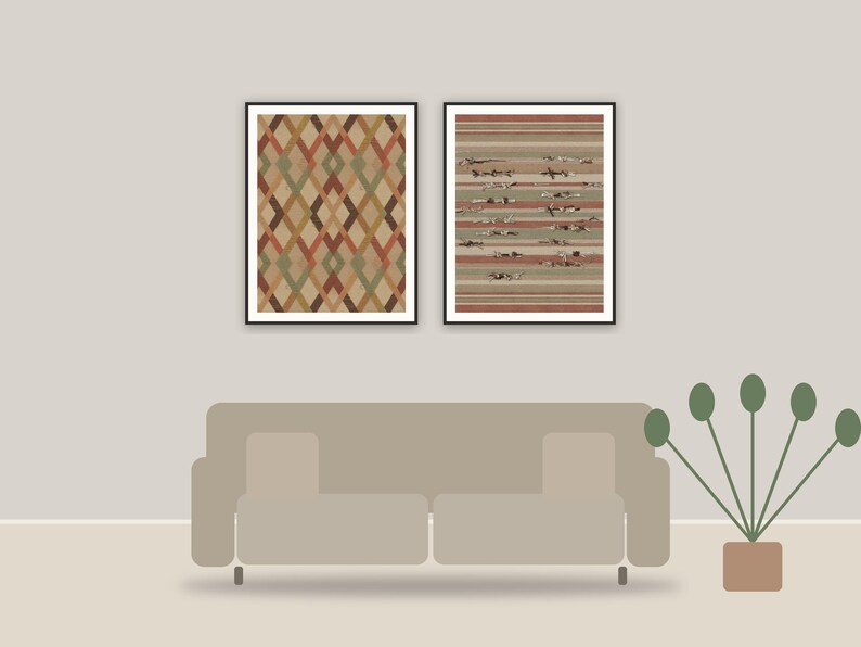 geometric textile weaves printable art framed above a sofa in a styled living room