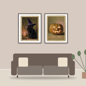 halloween decor and spooky season wall art printable art framed above a sofa in a styled living room