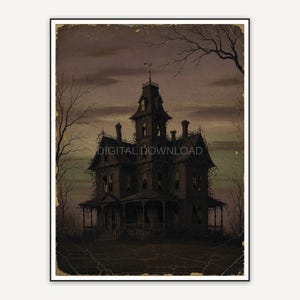 Vintage cracked oil painting of a distant haunted house silhouette at dusk