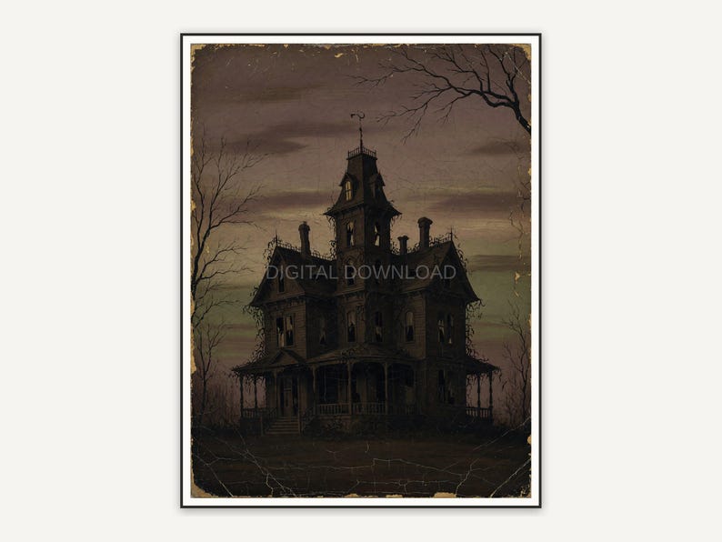 Vintage cracked oil painting of a distant haunted house silhouette at dusk
