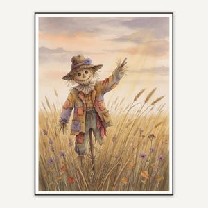 Soft watercolor scarecrow in wheat field print
