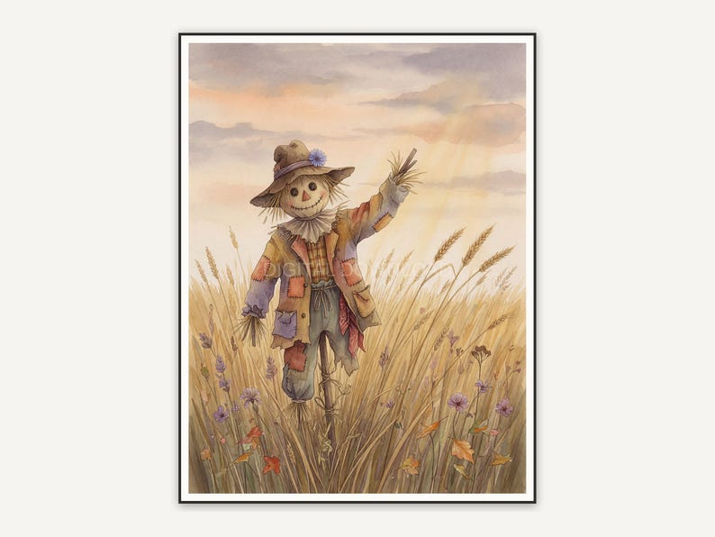 Soft watercolor scarecrow in wheat field print