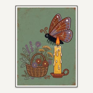 Moth and candle with herb basket in warm primitive palette