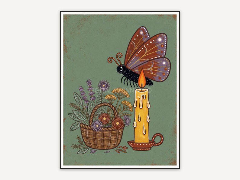 Moth and candle with herb basket in warm primitive palette
