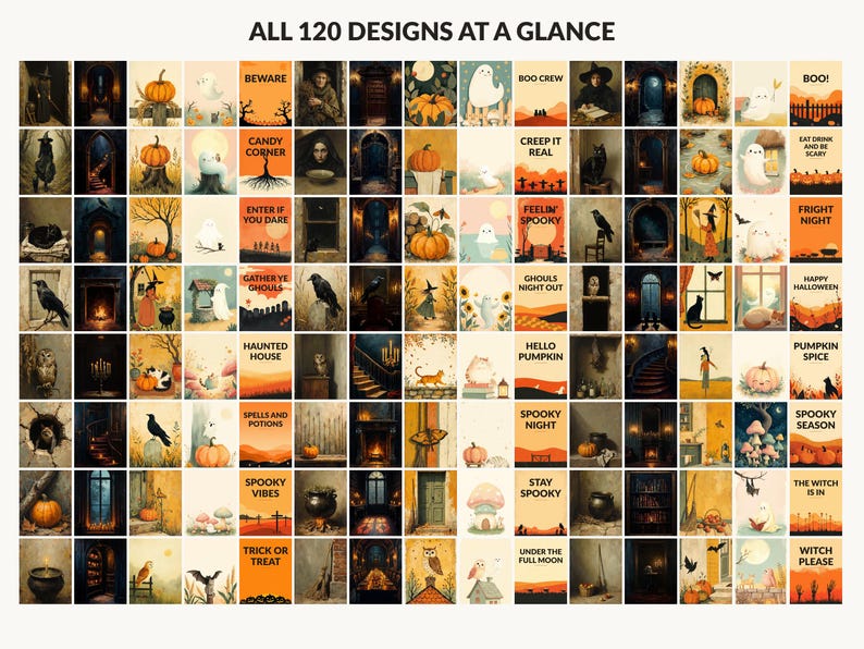 All 120 Halloween printable designs in the bundle shown together on one contact sheet