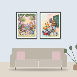 illustrated storybook classroom prints printable art framed above a sofa in a styled living room