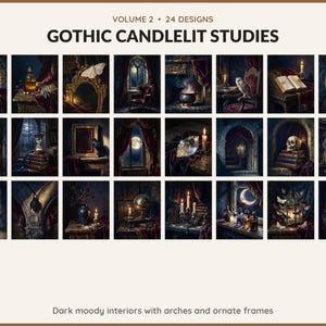 Volume 2 Gothic Candlelit Studies: 24 printable Halloween art designs, dark moody interiors with arches and ornate frames