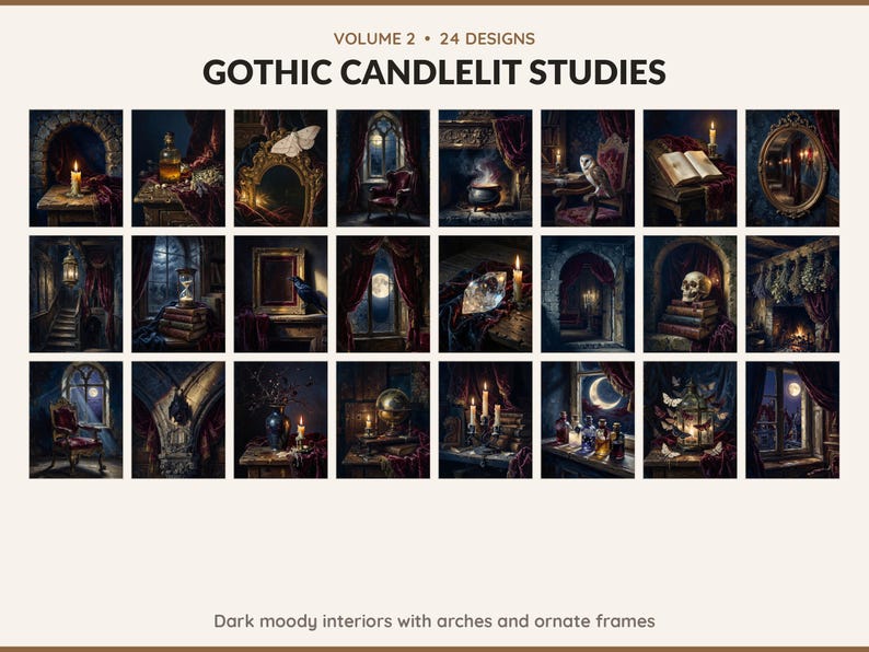 Volume 2 Gothic Candlelit Studies: 24 printable Halloween art designs, dark moody interiors with arches and ornate frames