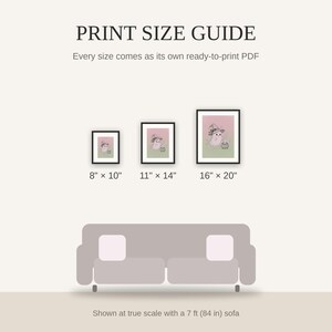 Print size guide showing 8x10, 11x14, and 16x20 framed prints at true scale beside a sofa