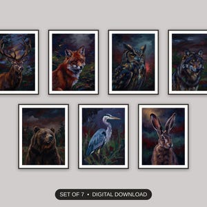 Set of 7 vintage animal portraits printable prints shown as a gallery wall