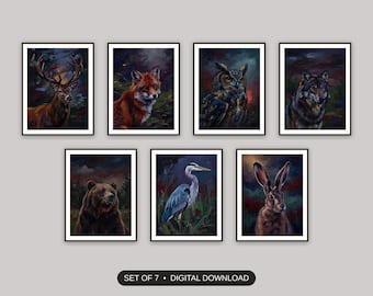 Oil Painting Animal Portraits Set of 7 | Moody Vintage Wildlife Art | Living Room Digital Download