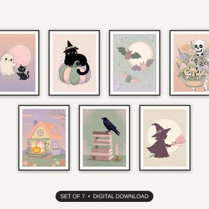 Set of 7 pastel halloween decor printable prints shown as a gallery wall