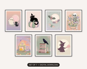 Pastel Halloween Decor, Set Of 7 Prints, Creepy Cute Ghost And Cat Art, Nursery Entryway Gallery Wall, Gentle Spooky Season Decor