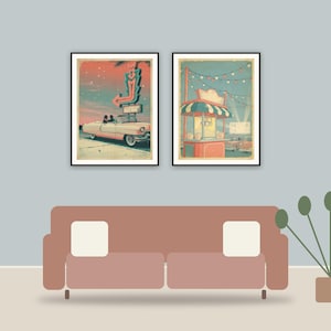 retro drive-in movie posters printable art framed above a sofa in a styled living room