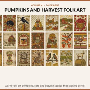 Volume 4 Pumpkins and Harvest Folk Art: 24 printable Halloween art designs, warm folk art pumpkins, cats and autumn scenes that stay up all fall