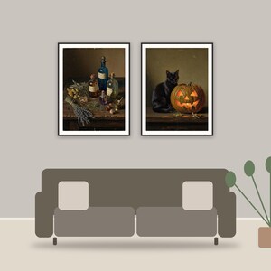 halloween decor printable art framed above a sofa in a styled living room