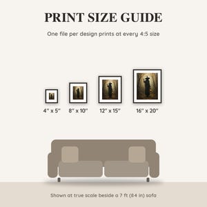 Print size guide showing 4x5, 8x10, 12x15 and 16x20 inch Halloween prints at true scale beside a sofa