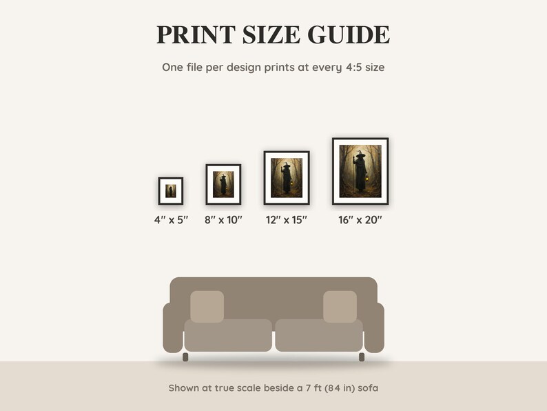 Print size guide showing 4x5, 8x10, 12x15 and 16x20 inch Halloween prints at true scale beside a sofa