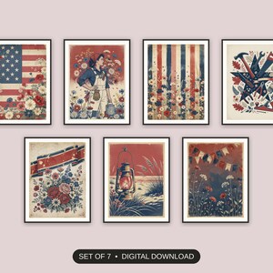Set of 7 vintage americana printable prints shown as a gallery wall