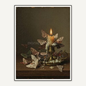Vintage oil painting of moths circling a brass candle holder