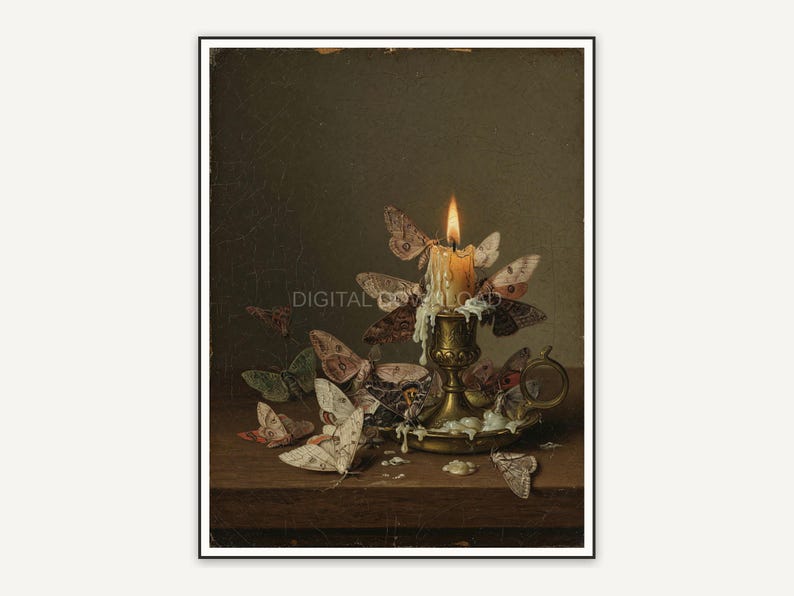 Vintage oil painting of moths circling a brass candle holder