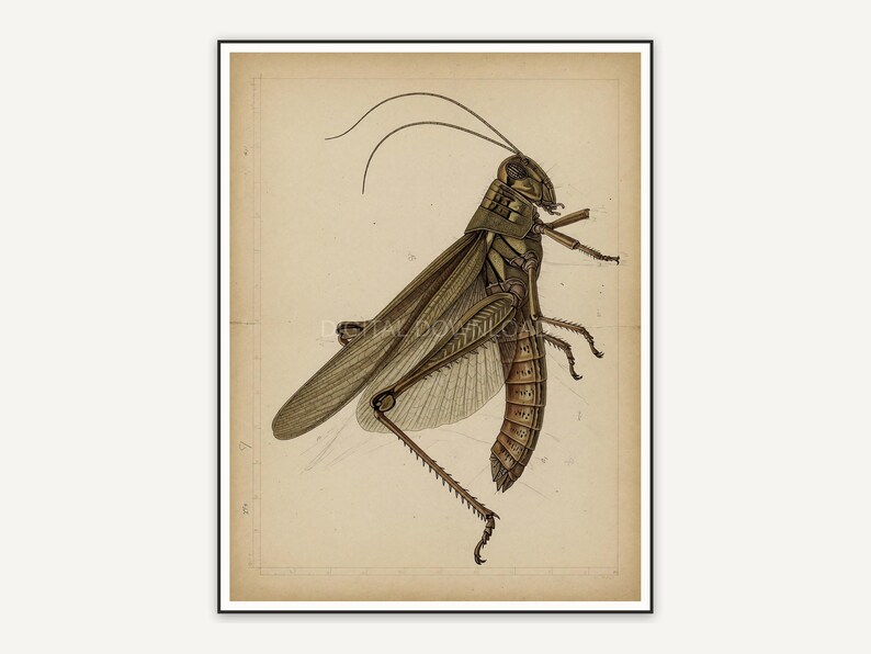 Detailed vintage grasshopper diagram in muted tones