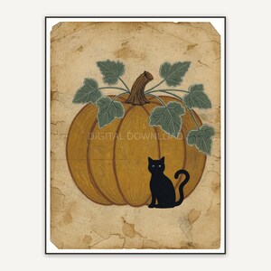 Primitive folk pumpkin and black cat on aged paper
