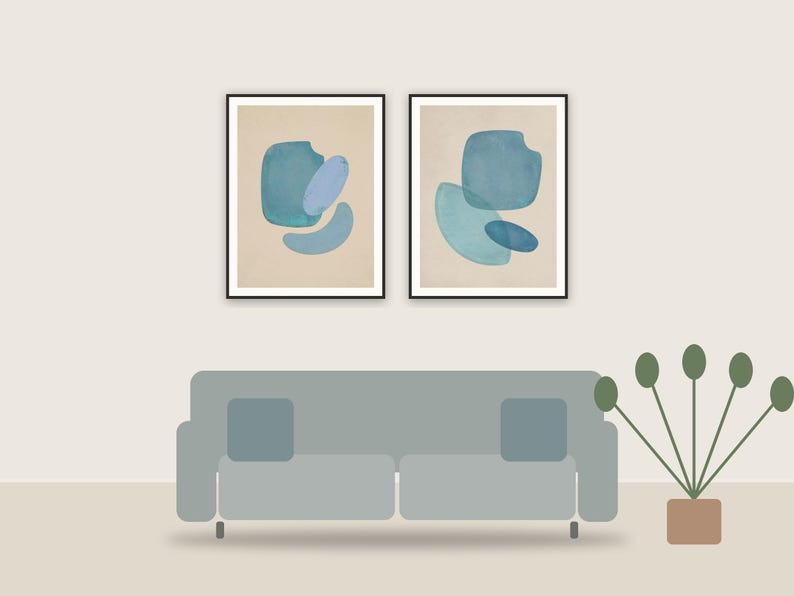 patina blue abstracts printable art framed above a sofa in a styled living room