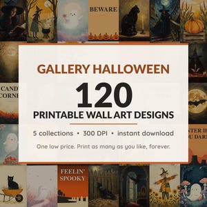 Halloween printable wall art mega bundle with 120 art prints in 5 collections: Crackled Antique Oils, Gothic Manor Studies, Mustard Folk Harvest, Blush Ghost Companions, Diner Night Posters