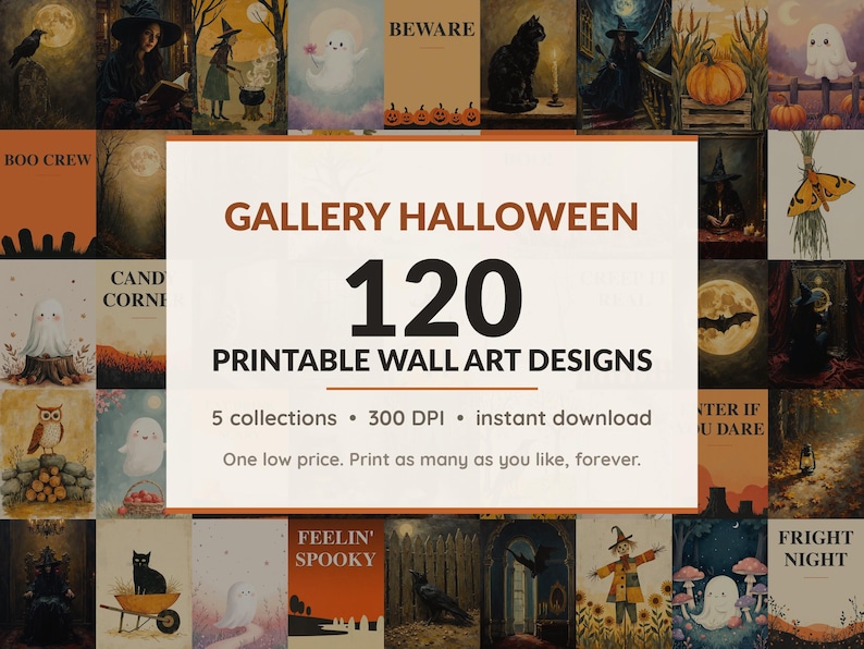 Halloween printable wall art mega bundle with 120 art prints in 5 collections: Crackled Antique Oils, Gothic Manor Studies, Mustard Folk Harvest, Blush Ghost Companions, Diner Night Posters
