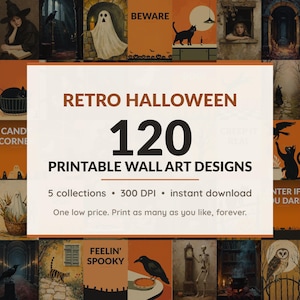 Halloween printable wall art mega bundle with 120 art prints in 5 collections: Atomic Diner Motifs, Crackled Portrait Studies, Candlelit Arch Studies, Mustard Folk Motifs, Diner Color Fields