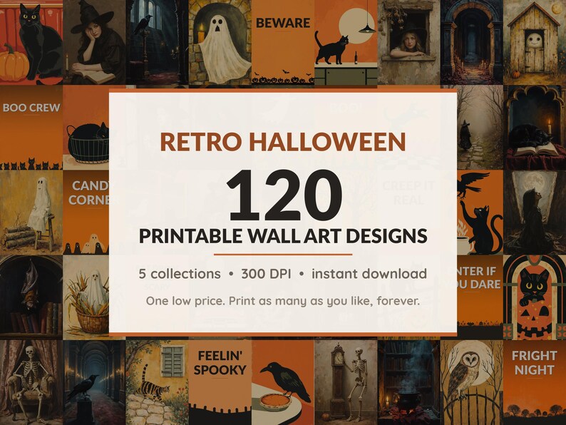 Halloween printable wall art mega bundle with 120 art prints in 5 collections: Atomic Diner Motifs, Crackled Portrait Studies, Candlelit Arch Studies, Mustard Folk Motifs, Diner Color Fields