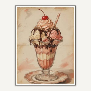 Faded vintage sundae dish print in terracotta hues