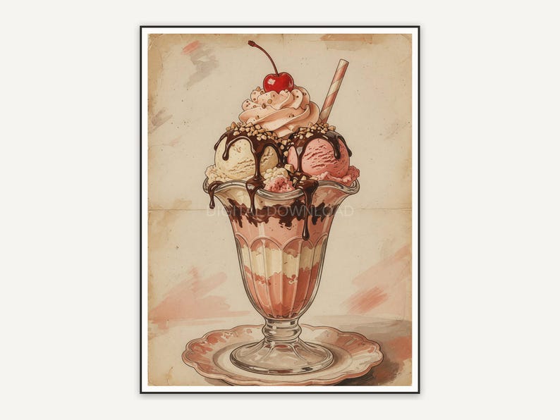 Faded vintage sundae dish print in terracotta hues